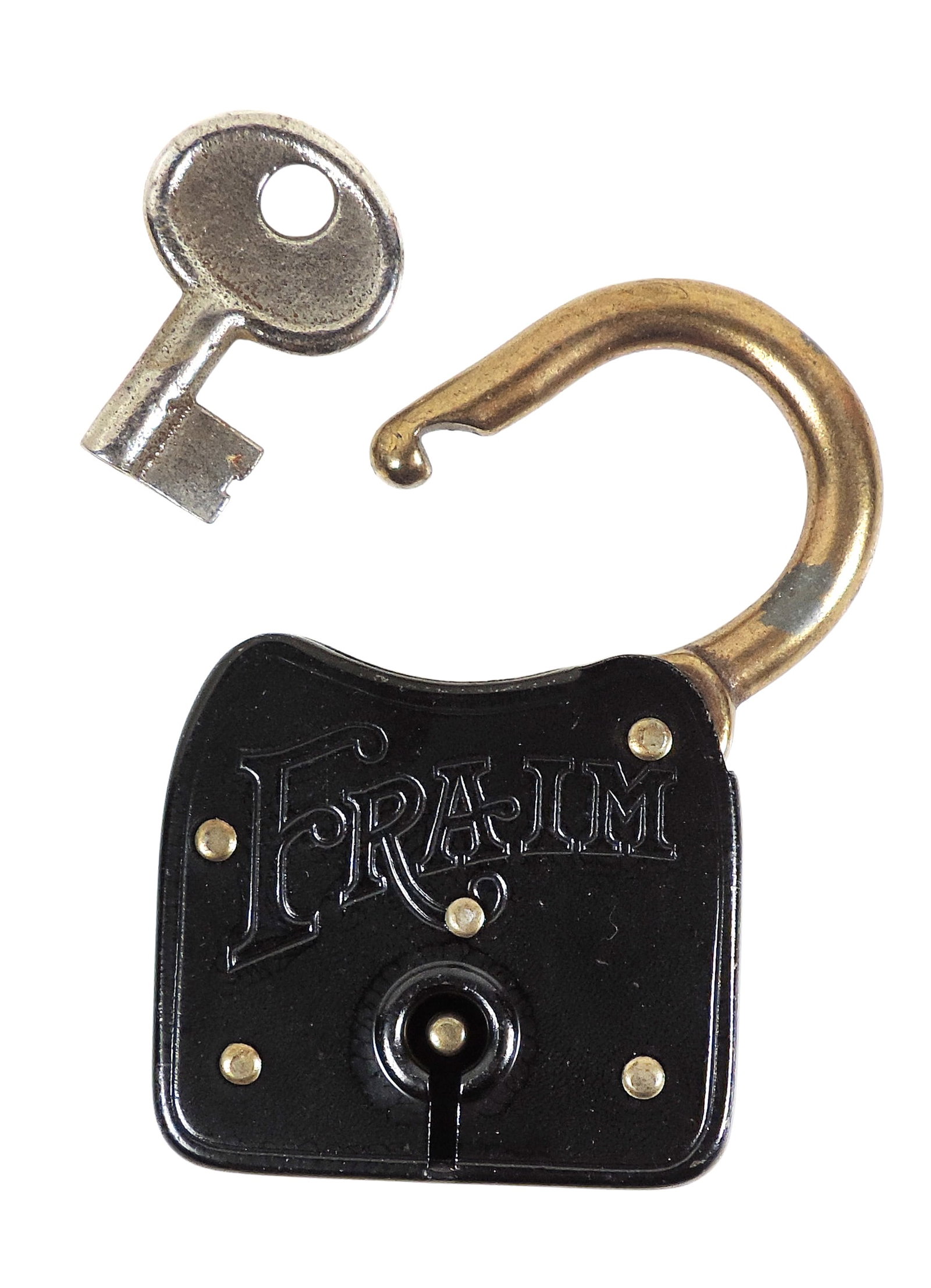 Rare Fraim Padlock w/orig key, New Old Stock w/orig black paint, early 1900's from an 1800's Nebr...: Rare Fraim Padlock w/orig key, New Old Stock w/orig black paint, early 1900's from an 1800's Nebraska hardware store, Mint cond, H 2 7/8 in x W 2 in.