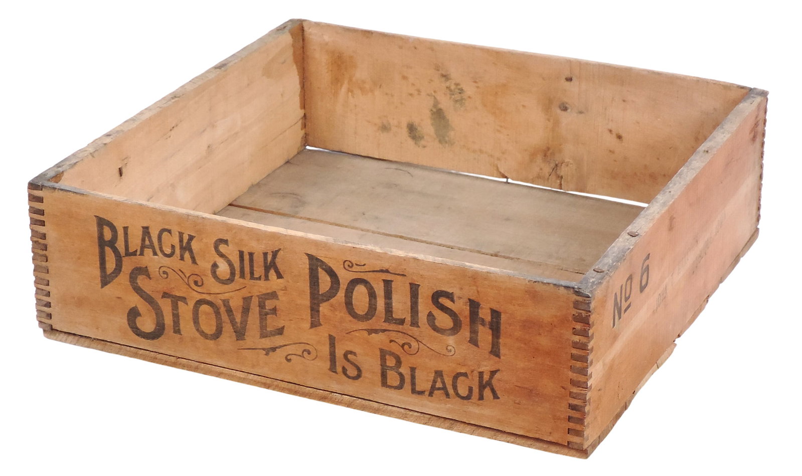 1883 By Lewis D. Wynn Wood Crate, marked Liquid Black Silk Stove Polish Established 1883 By Lewis...: 1883 By Lewis D. Wynn Wood Crate, marked Liquid Black Silk Stove Polish Established 1883 By Lewis D. Wynn Sterling, Ill., 3 Dozen No. 6, stamped John T. Hancock, Dubuque, Iowa, finger jointed corner c