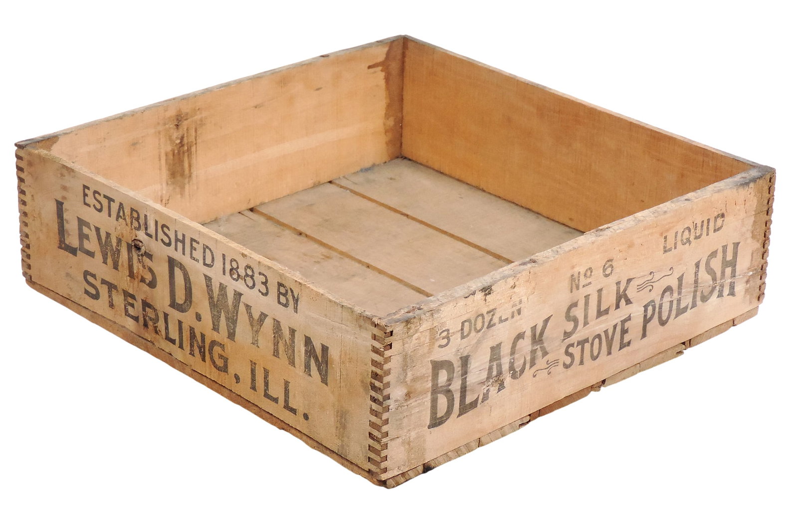 1883 Stove Polish Crate, marked Liquid Black Silk Stove Polish Established 1883 by Lewis D. Wynn ... - 2