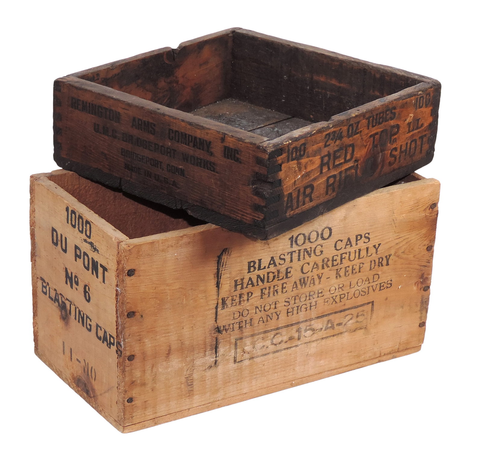 Ammunition Wooden Crates (2), Du Pont No. 6 Blasting Cap, stenciled lettering, nailed joints, 100... (1 of 3)