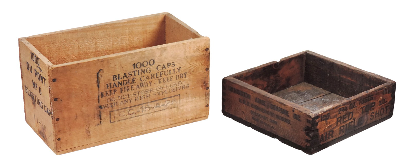 Ammunition Wooden Crates (2), Du Pont No. 6 Blasting Cap, stenciled lettering, nailed joints, 100... - 2