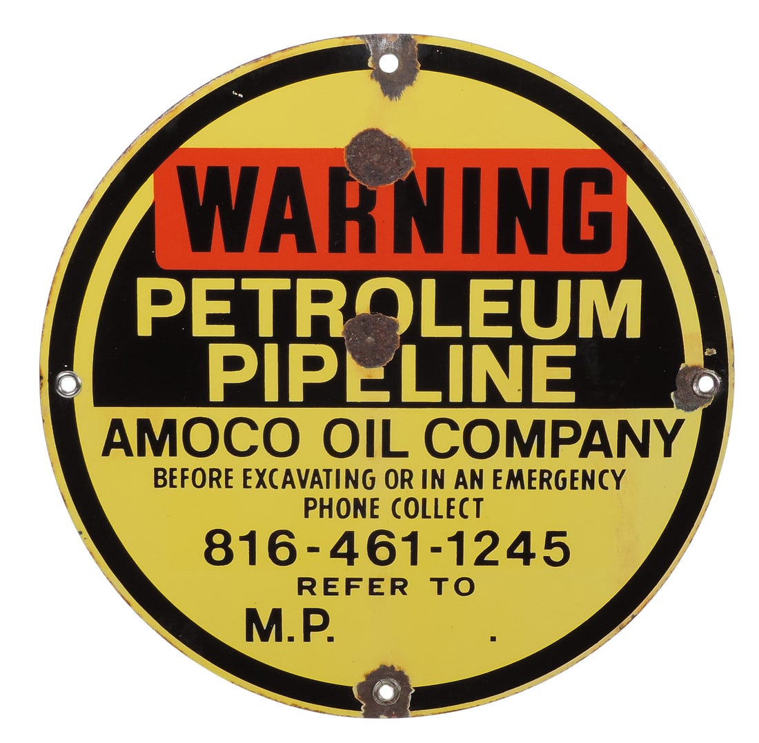 Warning Petroleum Pipeline Sign, Amoco Oil Company, enamel over metal, c. mid 1900s, o/all Good/V... (1 of 2)