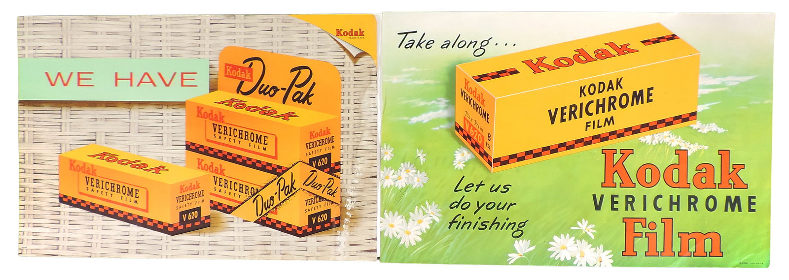 Kodak Verichrome Film Display Signs (2), light-weight paper, litho in the USA, Kodak Trade-Mark, ...: Kodak Verichrome Film Display Signs (2), light-weight paper, litho in the USA, Kodak Trade-Mark, A6-858, A6-282, one has loss to litho, slight wear to edges, enlarge photos for details, c. mid 1900s, 