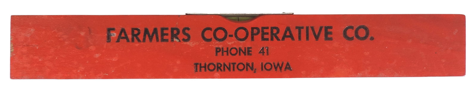 Thornton, IA Advertising Level, Farmers Co-Operative Co., Phone 41, painted orange wood, working ...: Thornton, IA Advertising Level, Farmers Co-Operative Co., Phone 41, painted orange wood, working tube, c. mid 1900s, VG cond w/age-related wear, H 1.75 x W 12 in.