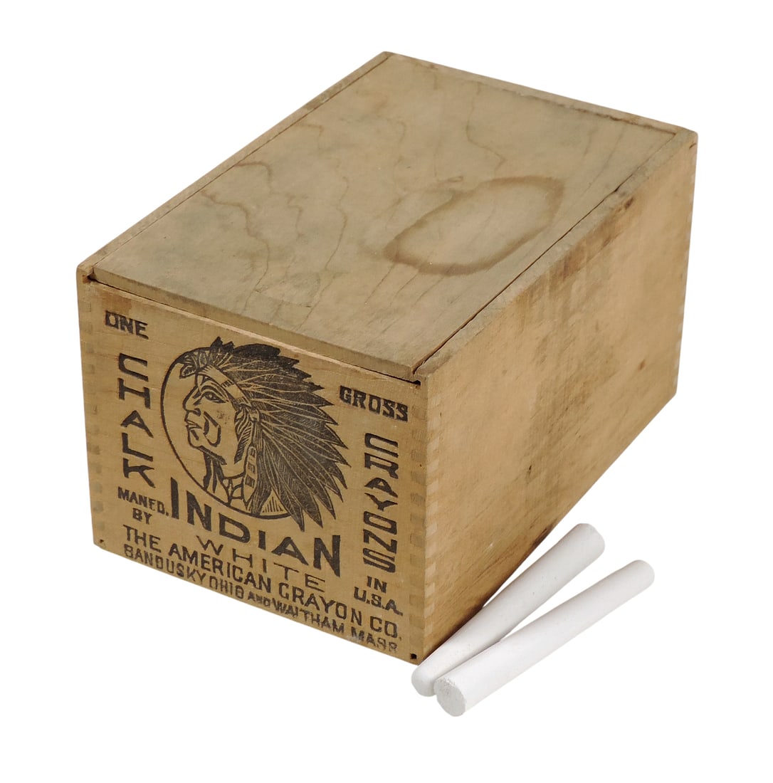 Indian White Chalk Crayons Box, stamped/stenciled Manfd. by The American Crayon Co. In U.S.A., Sa...: Indian White Chalk Crayons Box, stamped/stenciled Manfd. by The American Crayon Co. In U.S.A., Sandusky, Ohio & Waltham, Mass-USA, One Gross, slide-top wooden lid w/dovetail joints, full of product, c