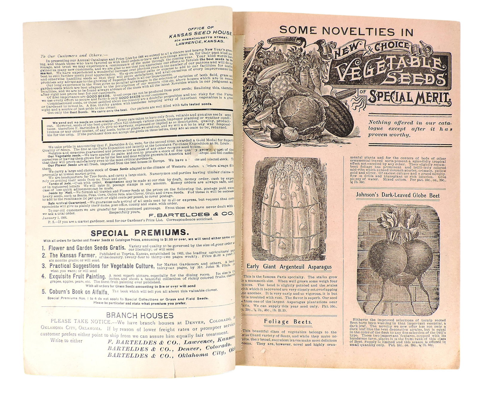 Barteldes Seed Catalogues (2), 1867-1919 Barteldes Seeds, 128 pgs. & 1906 F. Barteldes & Co., Price - 3