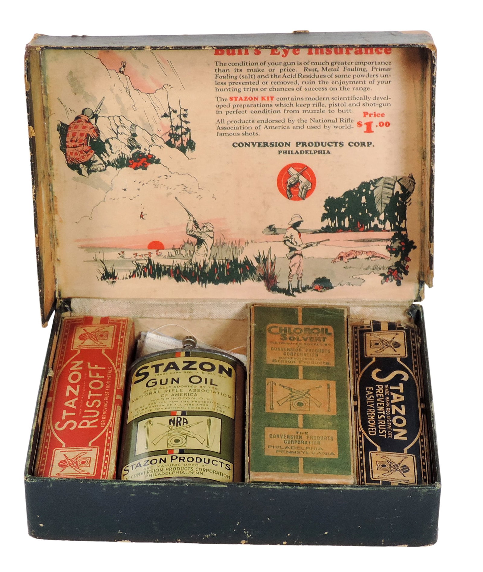 The Stazon Gun Cleaning Kit, orig box has litho advertising on inside lid, cardboard/taped hinge,...: The Stazon Gun Cleaning Kit, orig box has litho advertising on inside lid, cardboard/taped hinge, kit contains Rustoff, heavy stock paper box w/grease tube, contains product, Gun Oil, oiler tin w/lead