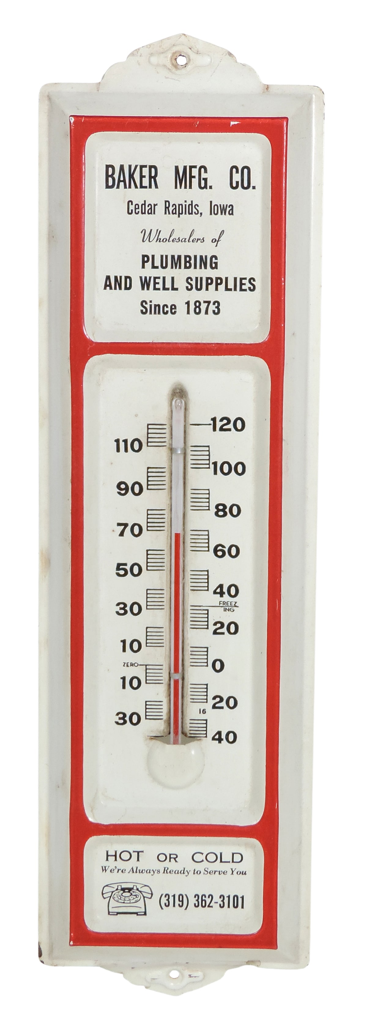 Advertising Thermometer for Baker Manufacturing Co., Cedar Rapids, Iowa-USA, Wholesalers of Plumb... (1 of 2)