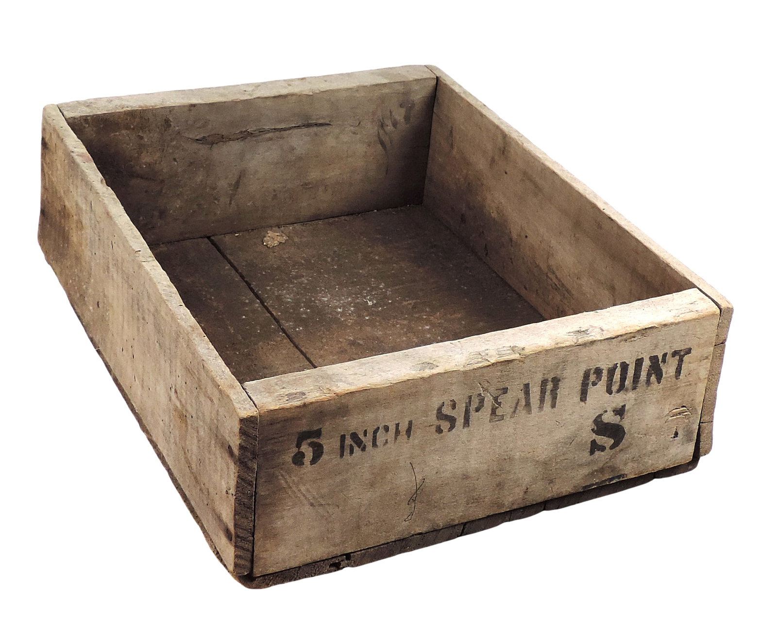 Spear Point Wooden Shipping Crate, features black stenciled lettering on its side, 5 inch SPEAR P...: Spear Point Wooden Shipping Crate, features black stenciled lettering on its side, 5 inch SPEAR POINT S, nailed joints, wooden, c. early-mid 1900s, o/all VG cond, H 4.25 x W 10.25 x D 13.25 in.