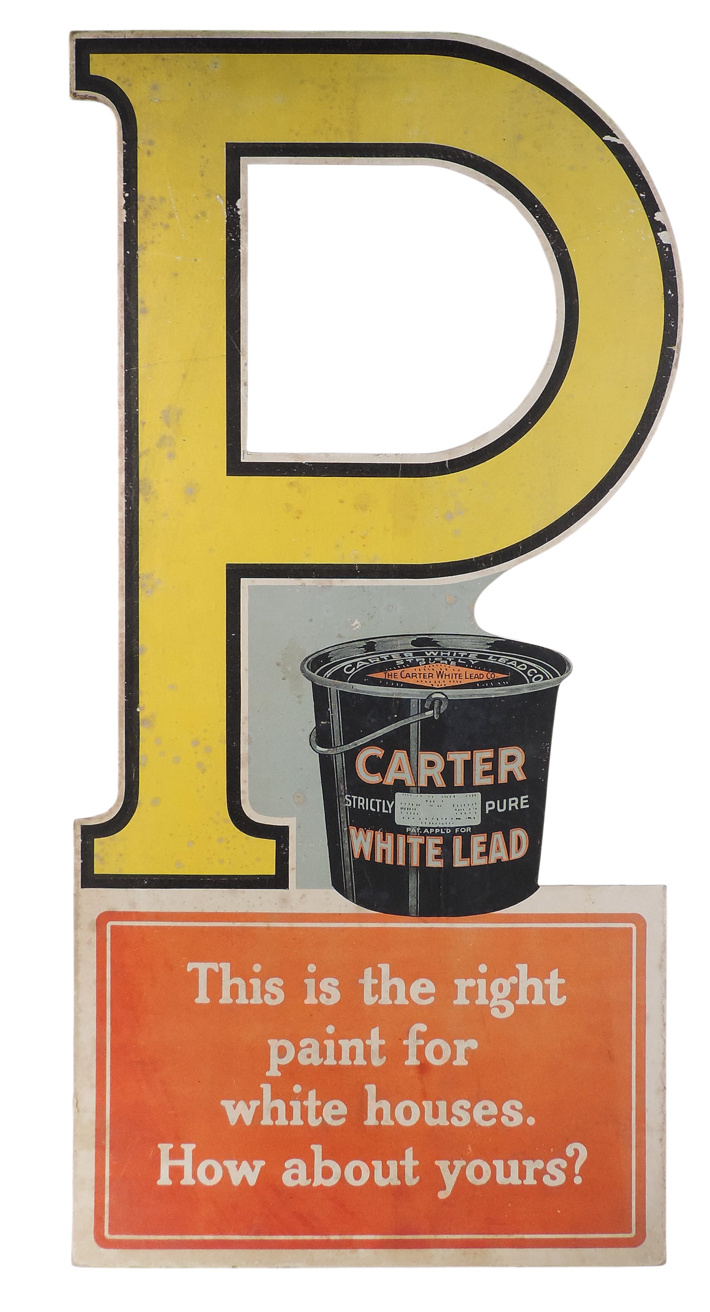 Carter Strictly Pure White Lead Paint Countertop Display Sign, heavy diecut cardstock w/easel back,: Carter Strictly Pure White Lead Paint Countertop Display Sign, heavy diecut cardstock w/easel back, PAT.APPL'D FOR, The Carter White Lead Co., c. early 1900s, Good/VG cond, H 34.75 x W 17 in.