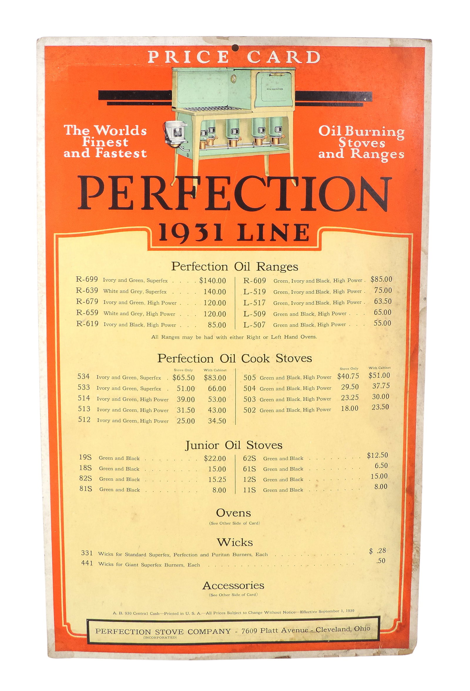 Puritan & Perfection Stove 1931 Price Card, double-sided w/stove graphics, from the Perfection St... - 2