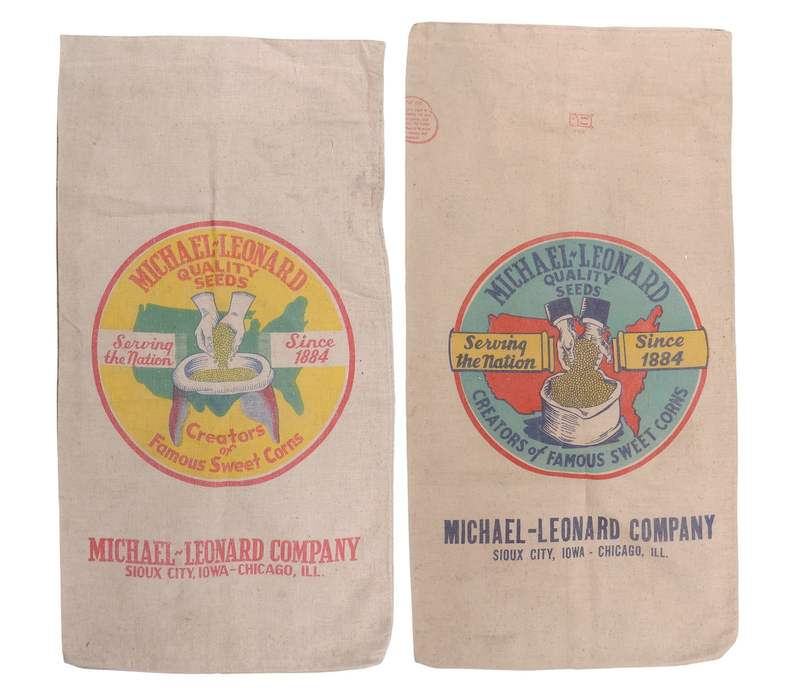 Advertising Seed Sacks (2), Michael-Leonard Quality Seeds-Serving the Nation since 1884, Creators...: Advertising Seed Sacks (2), Michael-Leonard Quality Seeds-Serving the Nation since 1884, Creators of Famous Sweet Corns, Sioux City, Iowa & Chicago, IL, cloth, same graphic but in different colors,