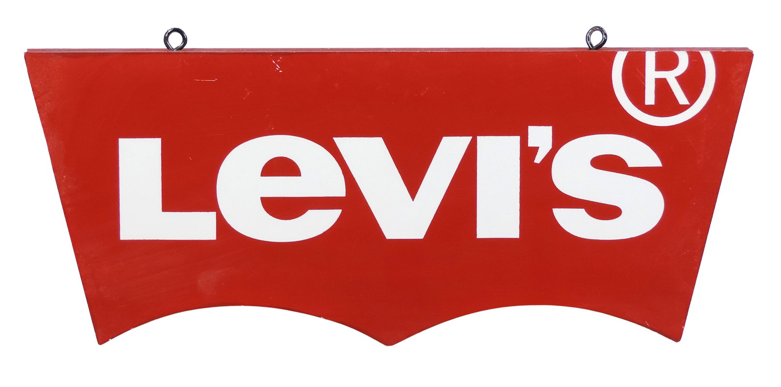 Leviâ€™s Retail Sign, double sided w/hanging hooks, flat printed surface, appears t: Leviâ€™s Retail Sign, double sided w/hanging hooks, flat printed surface, appears to be made of a composite material, c. later 1900s, o/all Good/VG cond w/some light scratches, H 7 x 