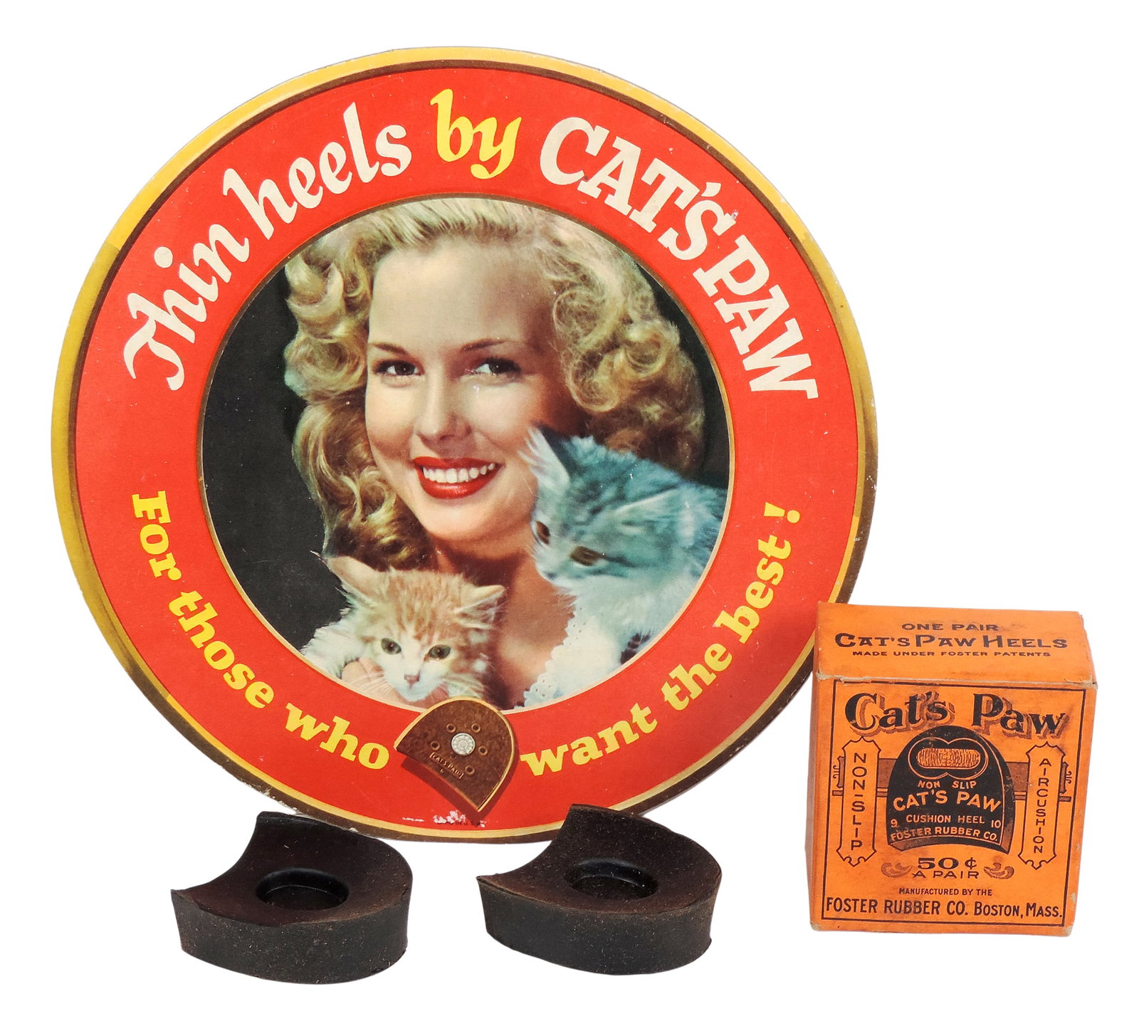 Cat's Paw Sign & Product (2), orig one pair box w/set embossed Foster Patent Non-slip Catâ̈́: Cat's Paw Sign & Product (2), orig one pair box w/set embossed Foster Patent Non-slip Cat's Paw Cushion Heel, Foster Rubber Co., 3L & Point-of-Purchase Sign, Cat's Paw Rubber Co., litho in USA,