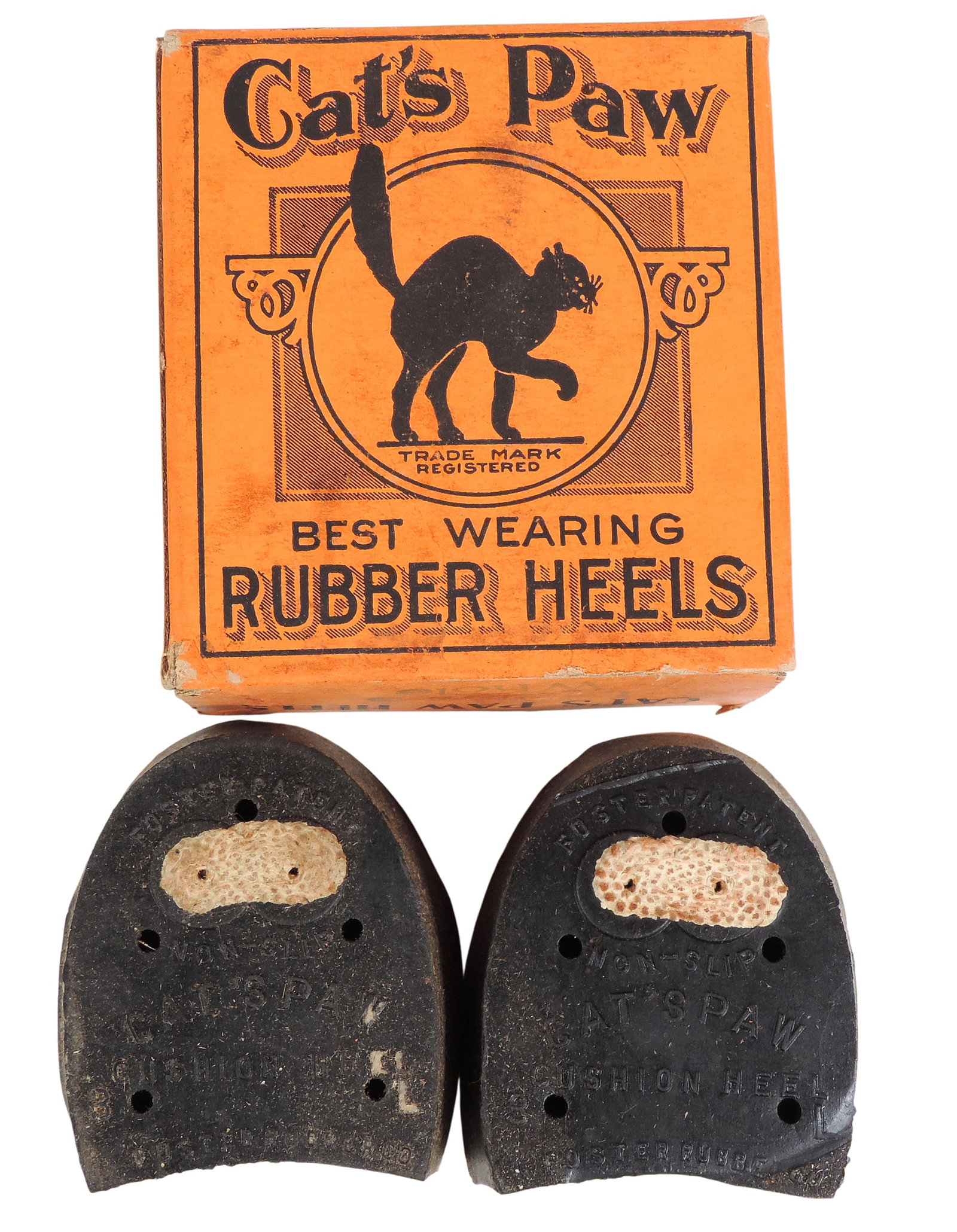 Cat's Paw Sign & Product (2), orig one pair box w/set embossed Foster Patent Non-slip Catâ̈́ - 2