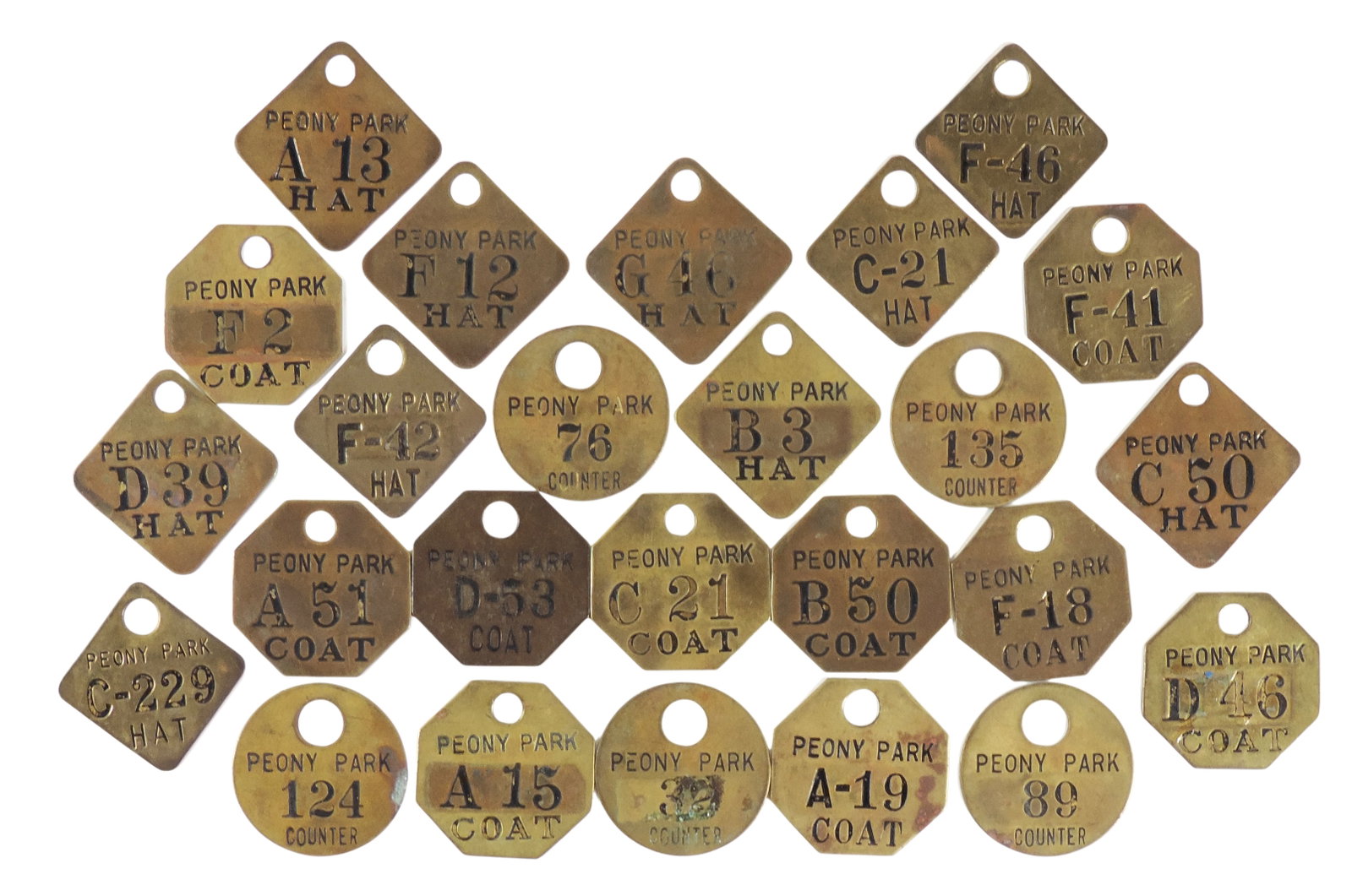 Omaha Peony Park brass coat, hat & counter check tags (24), from the historic amusement park in O...: Omaha Peony Park brass coat, hat & counter check tags (24), from the historic amusement park in Omaha, Nebraska that operated from 1919 to 1994, all in Exc unpolished cond in octagon, round & square s