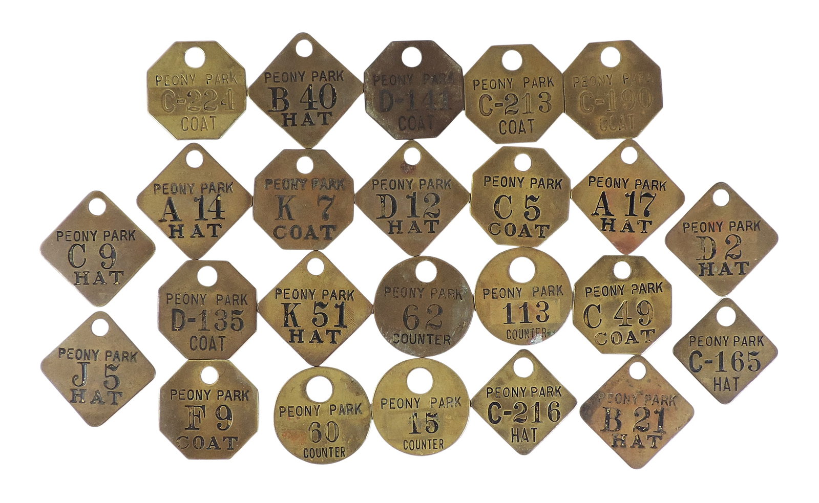 Omaha Peony Park Omaha brass coat, hat & counter check tags (24), from the historic amusement par...: Omaha Peony Park Omaha brass coat, hat & counter check tags (24), from the historic amusement park in Omaha, Nebraska that operated from 1919 to 1994, all in Exc unpolished cond in octagon, round &