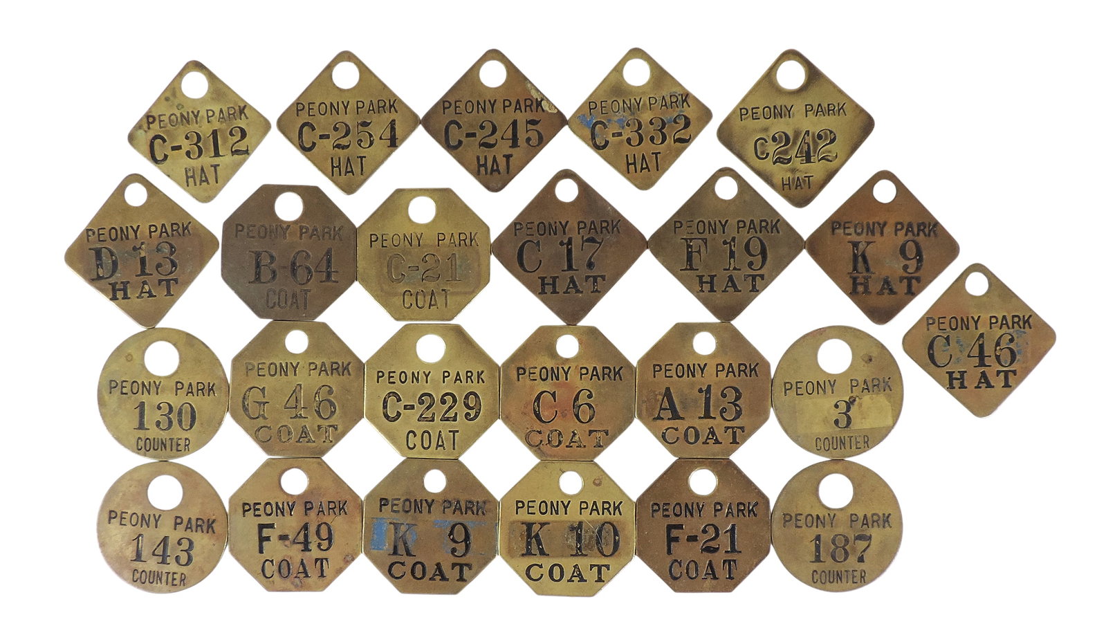 Omaha Peony Park Omaha brass coat, hat & counter check tags (24), from the historic amusement par...: Omaha Peony Park Omaha brass coat, hat & counter check tags (24), from the historic amusement park in Omaha, Nebraska that operated from 1919 to 1994, all in Exc unpolished cond in octagon, round & sq
