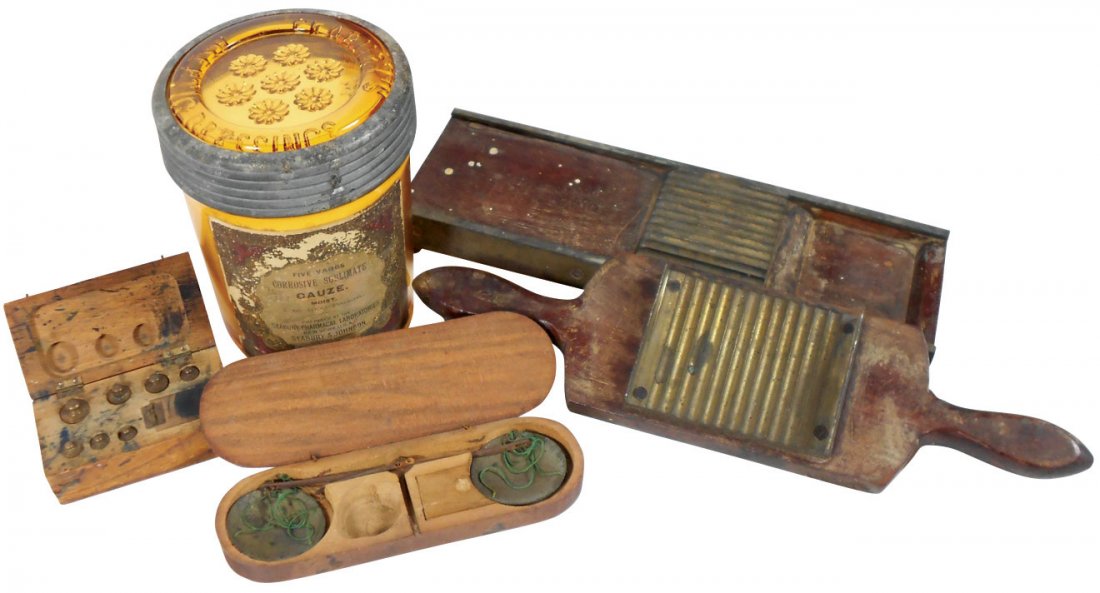Drug Store items (4), Seabury's Aseptic Dressings: Drug Store items (4), Seabury's Aseptic Dressings bottle w/paper label & ornate emb stopper, 6"H, sm wood boxed scale, wood box w/set of weights (both compl) & 2-pc wood & brass pill maker, 11.5"L x 1