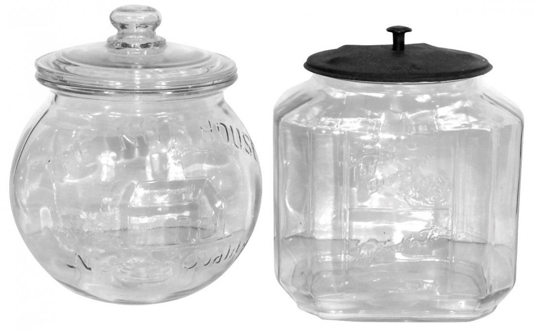 Peanut & biscuit jars (2), The Nut House, embossed: Peanut & biscuit jars (2), The Nut House, embossed glass jars w/lids, both Exc cond & 12"H.