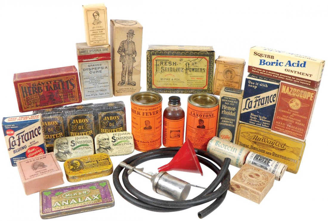 Drug Store items (22), tablet boxes including Washaw: Drug Store items (22), tablet boxes including Washaw Indian Herb Tablets, Dr. Hobbs Sparagus Kidney Pills & Dr. Edwards Compounded Dandelion Tablets, paper & metal, VG to Exc cond, lgst 5"H x 2"W.
