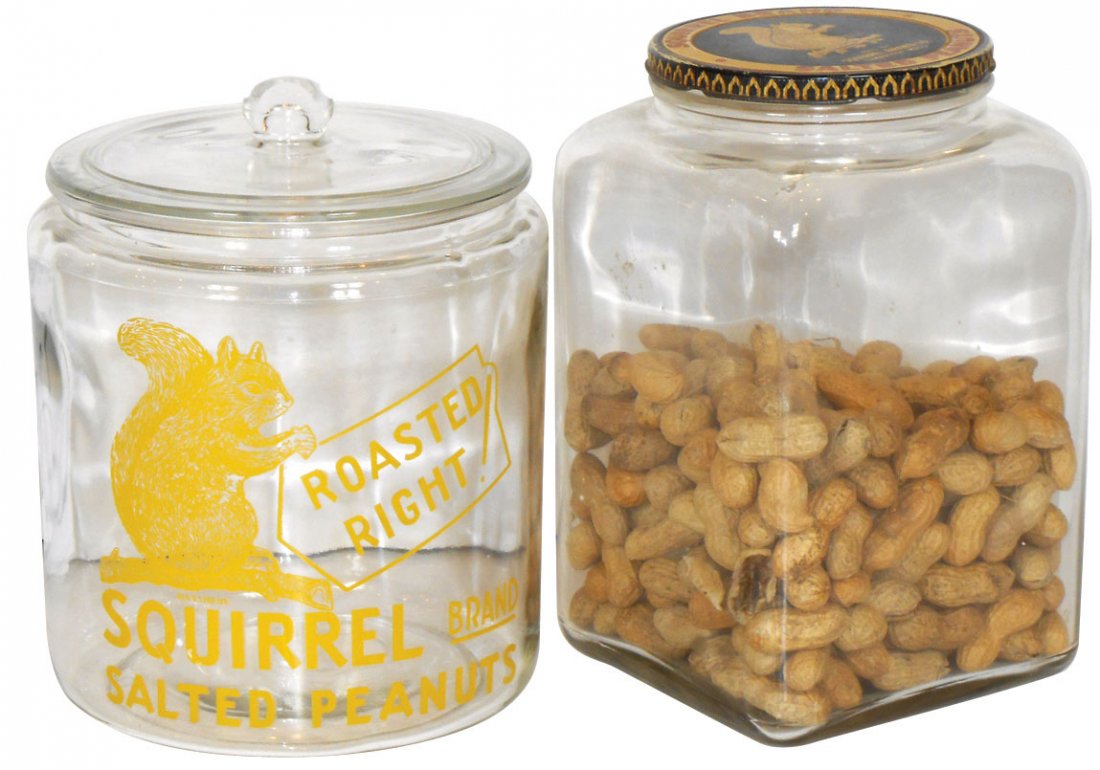 Peanut jars (2), Squirrel Brand Salted Peanuts, one: Peanut jars (2), Squirrel Brand Salted Peanuts, one w/painted adv, other w/adv lid, both Exc cond, 9" & 10"H.