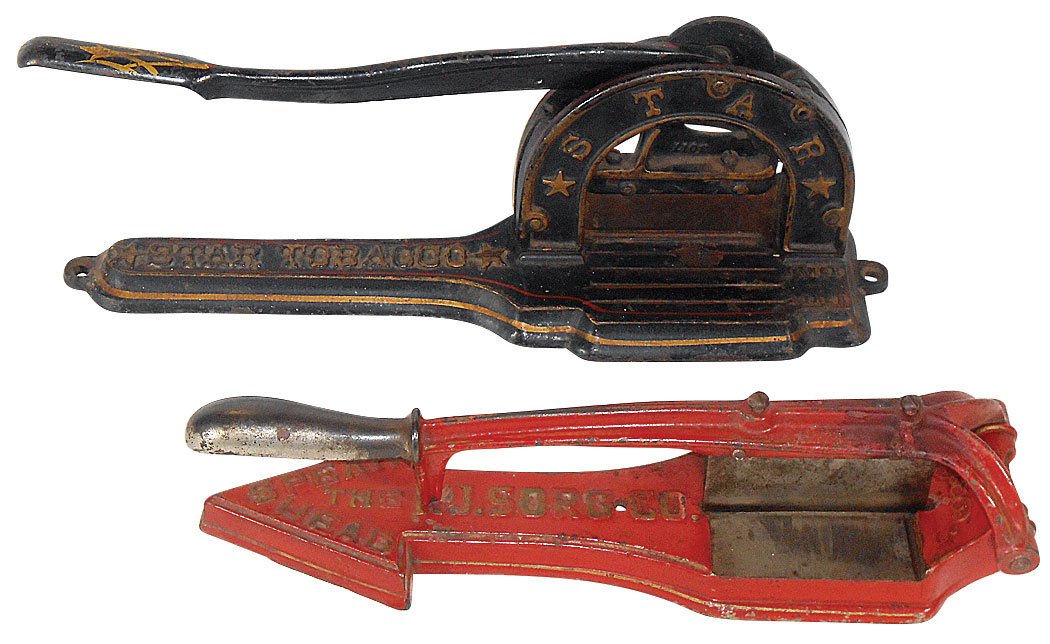 Tobacco cutters (2), Spear Head by P.J. Song Co. & Star: Tobacco cutters (2), Spear Head by P.J. Song Co. & Star Tobacco, both cast iron w/orig paint, Exc cond, up to 7"H x 20"L.