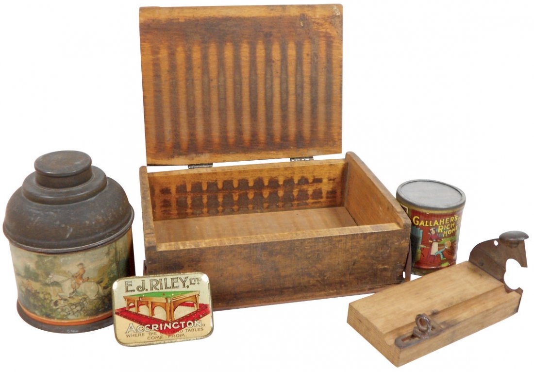 Tobacco tins, cigar cutter & dovetailed wood cigar box: Tobacco tins, cigar cutter & dovetailed wood cigar box w/metal bar (5); lg tin w/hunting scene & humidor, Gallaher's Rich Dark Honey Dew tin w/colorful paper label & EJ Riley tin w/striker, cutter in 