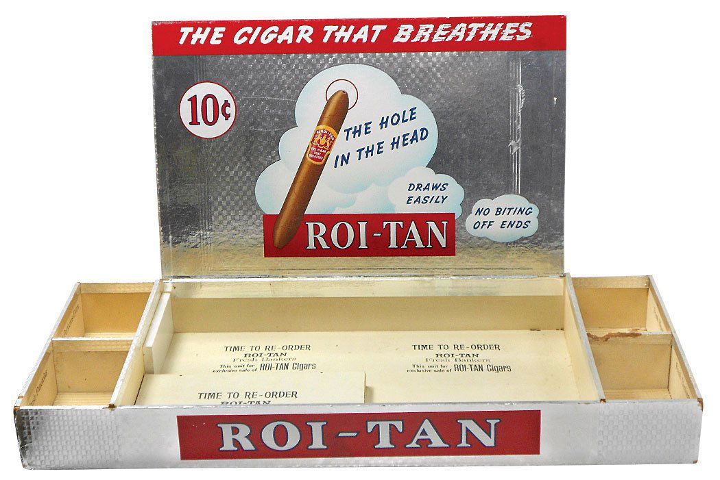 Cigar display box, Roi-Tan Cigars, large foil-wrapped: Cigar display box, Roi-Tan Cigars, large foil-wrapped cedar counter display in VG cond w/some wear, 15"H open x 26.5"W x 12"D.