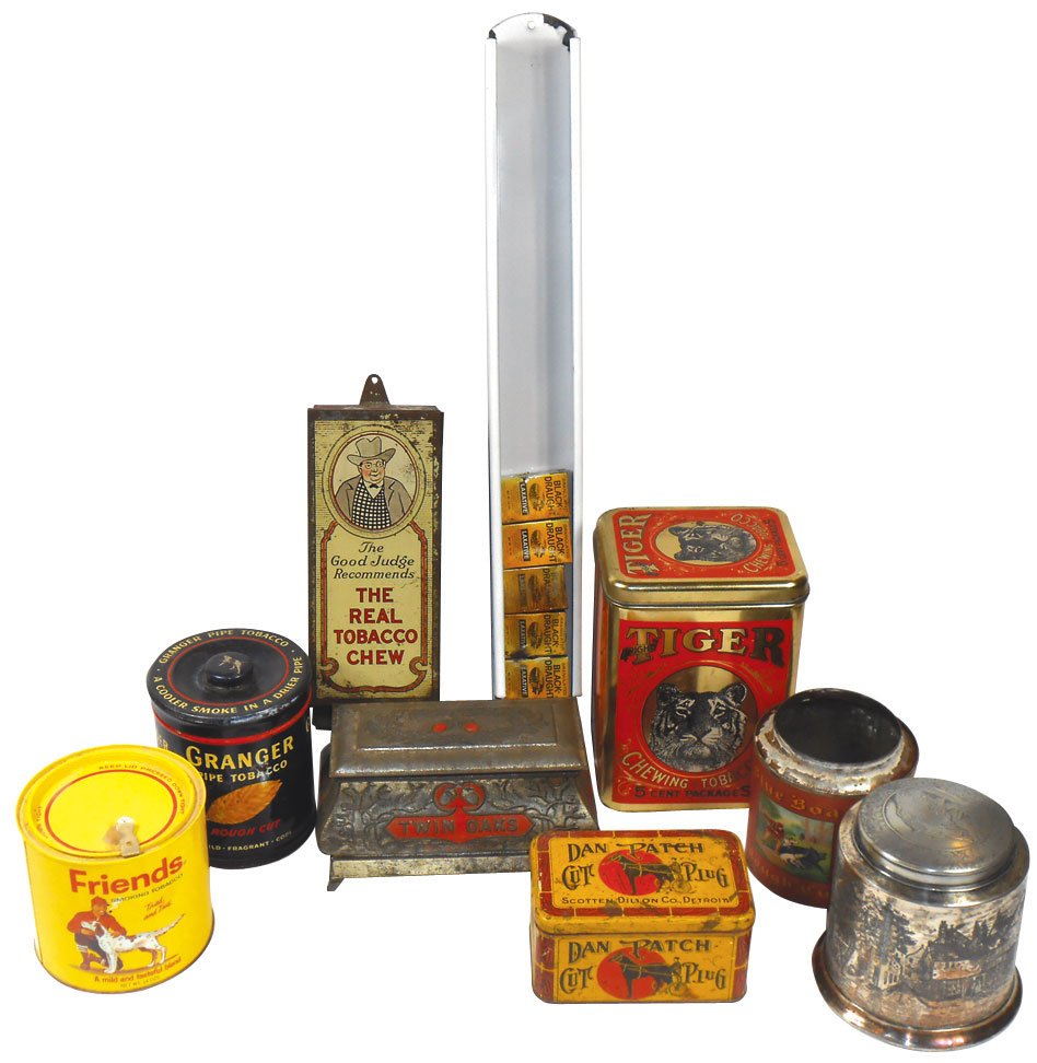Tobacco tins (9), Tiger Chewing Tobacco 5 Cent pkgs,: Tobacco tins (9), Tiger Chewing Tobacco 5 Cent pkgs, Black Draught porcelain wall dispenser, Blue Boar metal canister w/can, Dan Patch, Twin Oaks, Friends, Granger & Good Judge Tobacco Chew dispenser,