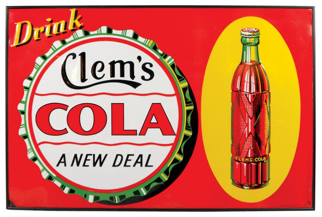 Soda fountain sign, Clem's Cola A New Deal w/bottle at: Soda fountain sign, Clem's Cola A New Deal w/bottle at right, litho on metal by W.F. Robertson Steel & Iron Co.-Springfield OH, Exc cond, 23.5"H x 35.5"W.