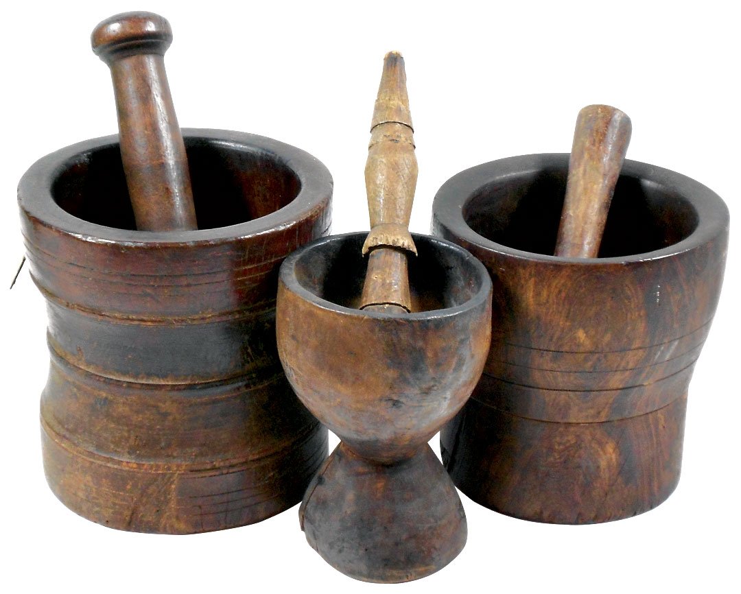Drug store mortars & pestles (3), 2 heavy solid wood: Drug store mortars & pestles (3), 2 heavy solid wood mortars & smaller cup-like mortar w/stepped pestle, overall great examples, VG cond w/some split at bases, lgst mortar 7"H x 7"Dia, pestle 9"L.