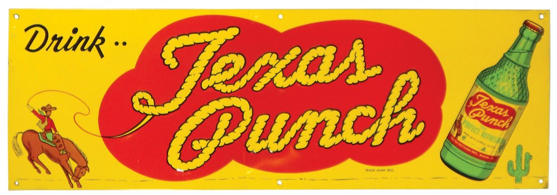 Soda fountain sign, "Drink Texas Punch," Reading: Soda fountain sign, "Drink Texas Punch," Reading Bottling Works-Reading, PA, litho on emb metal, great cowboy graphics, Exc cond w/slight edge wear, 9"H x 27"W.