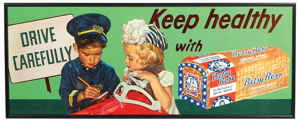 Country store sign, Betsy Ross Bread, framed cdbd: Country store sign, Betsy Ross Bread, framed cdbd w/reflective highlights, adorable children graphics, Exc cond, 11.25"H x 28.5"W.