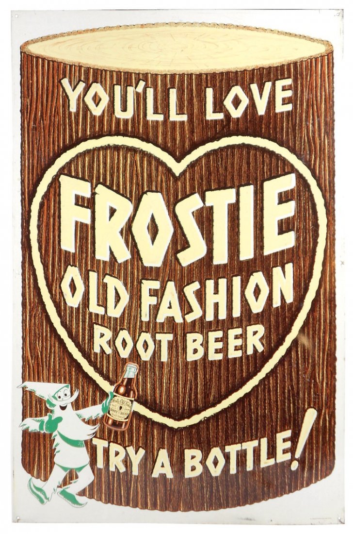 Soda fountain sign, "You'll Love Frostie Old Fashion: Soda fountain sign, "You'll Love Frostie Old Fashion Root Beer Try A Bottle!", litho on metal by Parker Metal Deco.-Balto, MD, Exc cond, 35.5"H x 23"W.