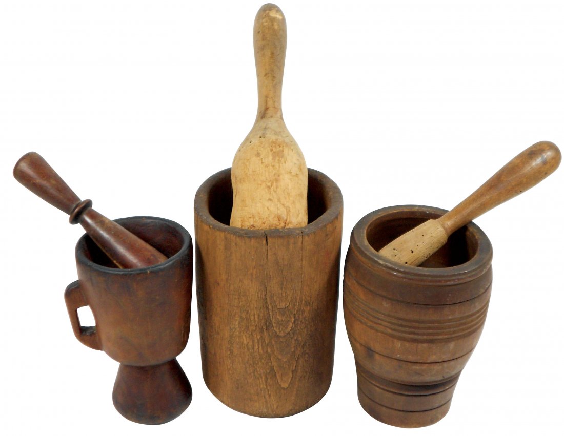 Drug store mortars & pestles (3), all turned wood,: Drug store mortars & pestles (3), all turned wood, tallest is very primitive w/large flat pestle, c.1800's, all VG cond w/signs of use, lgst 7.5"H x 5"Dia & pestle 9.5"L.