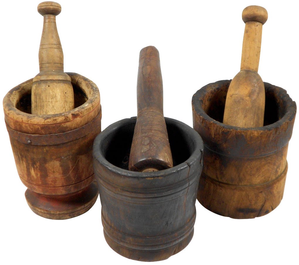 Drug store mortars & pestles (3), all turned wood, lgst: Drug store mortars & pestles (3), all turned wood, lgst mortar has metal band w/pedestal foot, others are heavy flat-based mortars, all Good & VG cond w/signs of use, lgst 7.75"H x 5.75"Dia w/9.5" pes