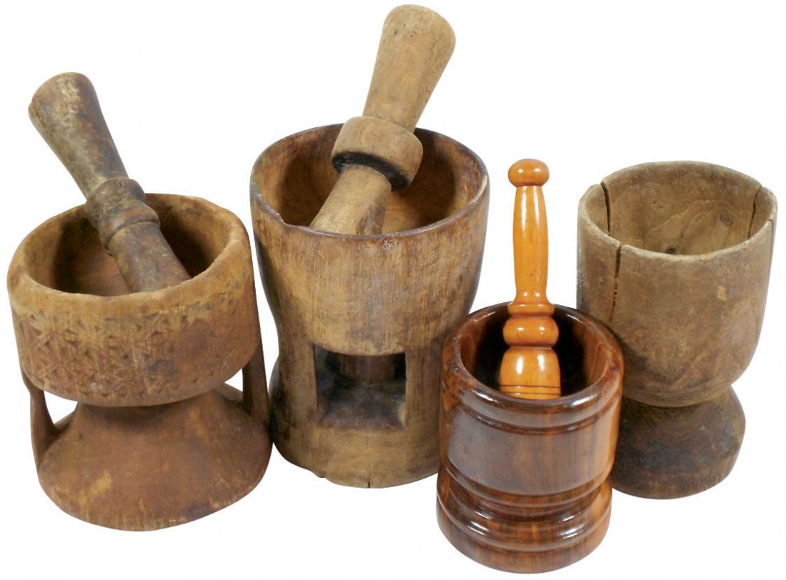 Drug store mortars & pestles (4), turned wood, 2: Drug store mortars & pestles (4), turned wood, 2 w/bridge bases, one w/out pestle, 3 are very primitive & in Fair cond w/signs of heavy use, polished wood set is Exc cond, lgst 5.75"H x 4.25"Dia, pest