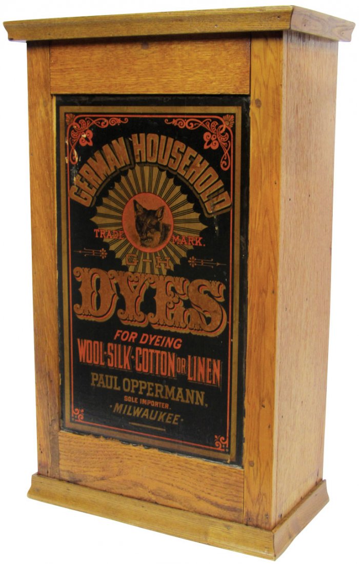 Country store dye cabinet, German Household Dyes, Rare: Country store dye cabinet, German Household Dyes, Rare wood case w/paper label adv Paul Opperman-sole importer-Milw, door on back & 3 interior shelves, c.1900, VG+ cond w/minor peeling on adv, 23.75"H