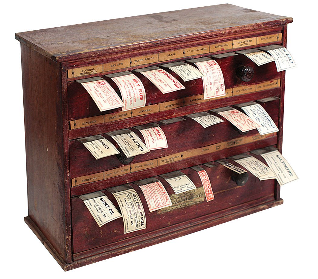 Drug store label cabinet, "McCourt Label Cabinet Co.": Drug store label cabinet, "McCourt Label Cabinet Co." transfer on front, oak 3-drwr w/gummed labels, VG cond, 13"H x 15.5"W.