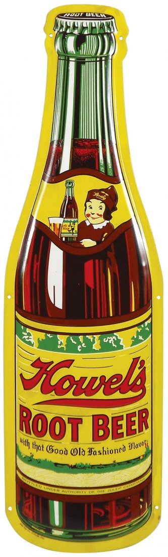 Soda fountain diecut bottle sign, Howel's Root Beer,: Soda fountain diecut bottle sign, Howel's Root Beer, embossed metal w/raised center, mfgd by AAA Sign Co.-Coitsville, Ohio, Exc cond, 29.75"H x 8.75"W.