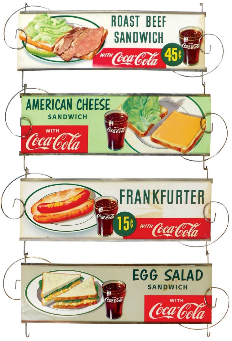 Coca-Cola diner signs (4) Roast Beef Sandwich 45 cents,: Coca-Cola diner signs (4) Roast Beef Sandwich 45 cents, American Cheese Sandwich, Egg Salad Sandwich & Frankfurter 15 cents, colorful cdbd in orig metal frames, VG cond w/minor wear, ea sign 7"H x 22"