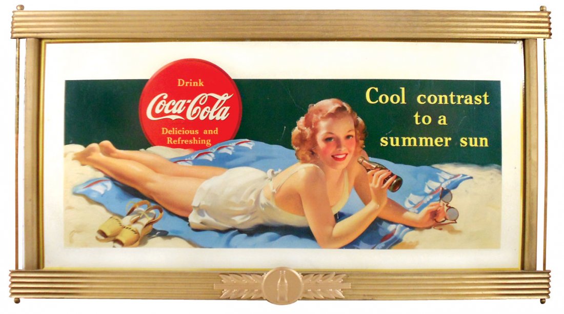 Coca-Cola sign & letter from model Miriam Day Drahos,: Coca-Cola sign & letter from model Miriam Day Drahos, "Cool contrast to a summer sun," Miriam in white swim suit on towel at beach, Miriam's handwritten letter describes this sign & others she posed f