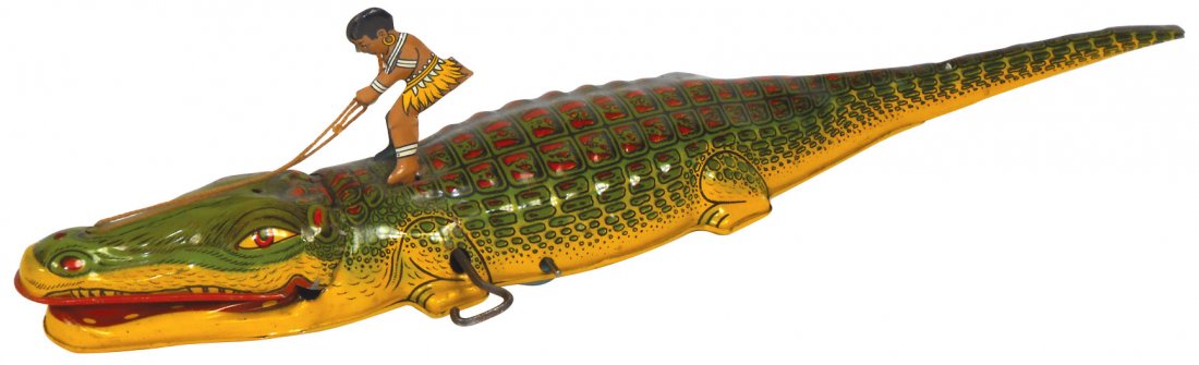 Toy, Black Americana, Alligator w/Black Rider, J. Chein: Toy, Black Americana, Alligator w/Black Rider, J. Chein & Co. litho on tin wind-up, Exc working cond, 15"L.