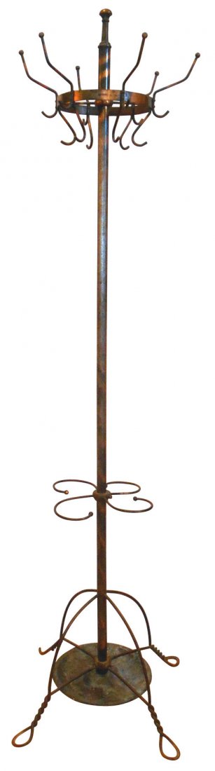 Barbershop coat & hat rack, floor model w/revolving: Barbershop coat & hat rack, floor model w/revolving top, umbrella or cane holder below, twisted wire base, VG orig cond, 70"H x 24"W at bottom.