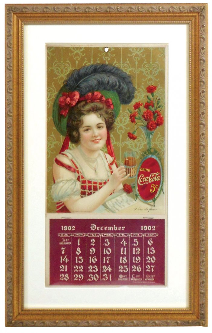 Coca-Cola calendar, c.1902, pub'd by Wolf & Co.-Phila,: Coca-Cola calendar, c.1902, pub'd by Wolf & Co.-Phila, Dec 02-Jan 03 calendar pad, prof framed, Exc cond, 20.25"H x 13"W.