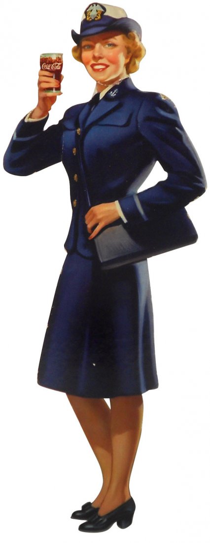Coca-Cola cdbd cutout w/easel back, c.1943 "Service: Coca-Cola cdbd cutout w/easel back, c.1943 "Service Girl," blue uniform, Snyder & Black-NY, Litho in U.S.A., VG+ cond w/fold line on neck & minor edge wear, 17.5"H x 6.25"W.
