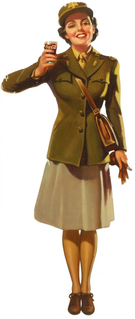 Coca-Cola cdbd cutout w/easel back, c.1943 "Service: Coca-Cola cdbd cutout w/easel back, c.1943 "Service Girl," green/khaki uniform, Snyder & Black Inc, NY, Litho in USA, Exc cond w/minor edge nicks, 17.5"H x 7"W.
