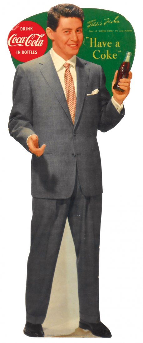 Coca-Cola cdbd cutout w/easel back, Eddie Fisher, "Star: Coca-Cola cdbd cutout w/easel back, Eddie Fisher, "Star of Coke Time TV & Radio", VG+ cond w/light staining at bottom & minor edge wear, 19"H x 6.5"W.
