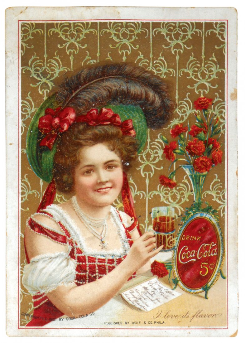 Coca-Cola menu, c.1902, pretty girl in exquisite hat: Coca-Cola menu, c.1902, pretty girl in exquisite hat drinking her favorite beverage, "I love its flavor," Rare, bright card stock in VG+ cond, 6.5"H x 4.125"W.